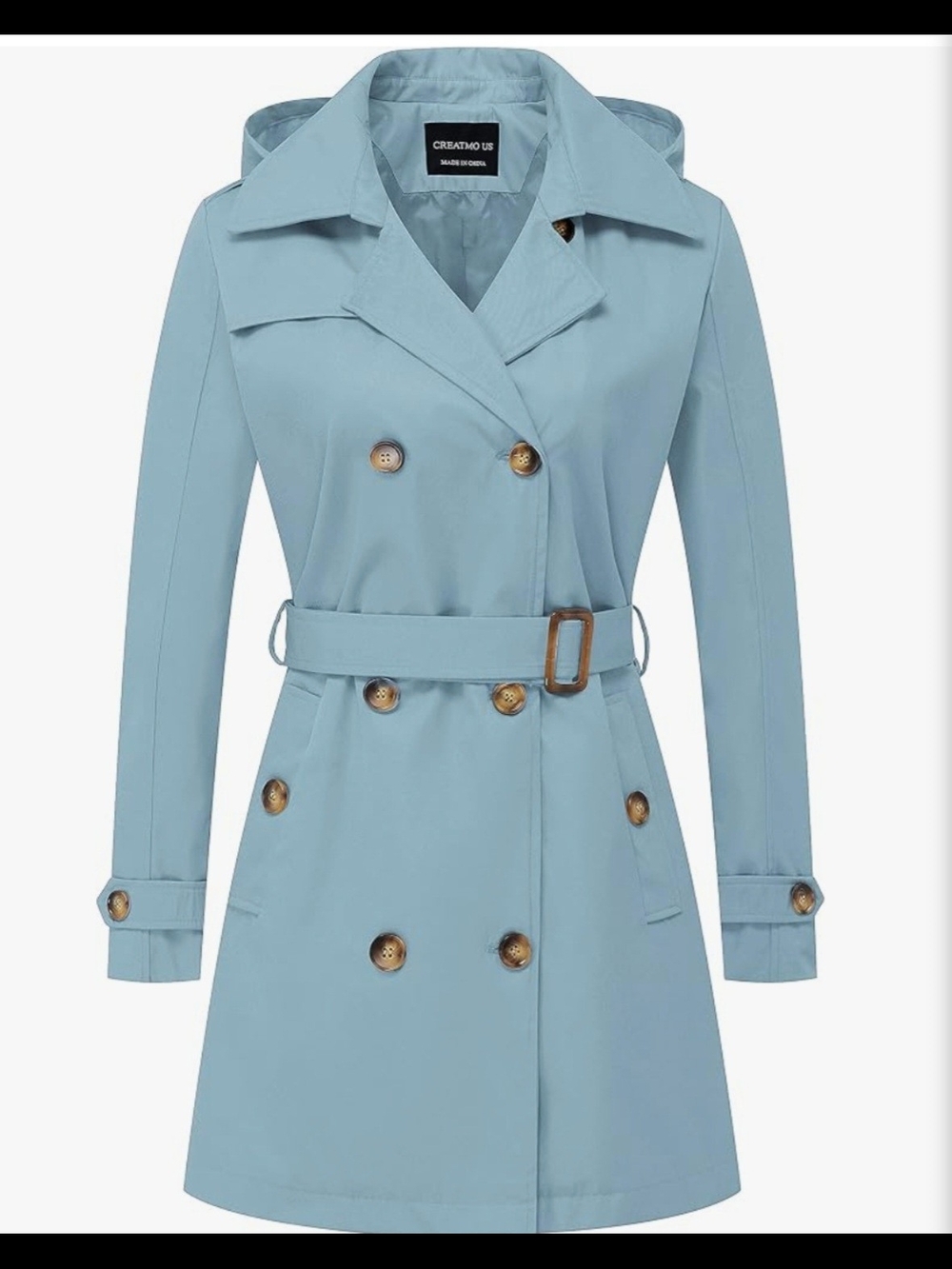 Double-Breasted Light Blue Trench Coat with Belt